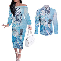 Aotearoa Maori Wahine Couples Matching Off The Shoulder Long Sleeve Dress and Long Sleeve Button Shirt Fantail Bird Blue Gold Marble LT05 Blue - Polynesian Pride