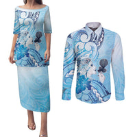 Aotearoa Maori Wahine Couples Matching Puletasi and Long Sleeve Button Shirt Fantail Bird Blue Gold Marble