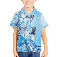 Aotearoa Maori Wahine Family Matching Short Sleeve Bodycon Dress and Hawaiian Shirt Fantail Bird Blue Gold Marble LT05 Son's Shirt Blue - Polynesian Pride