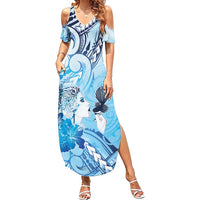 Aotearoa Maori Wahine Family Matching Summer Maxi Dress and Hawaiian Shirt Fantail Bird Blue Gold Marble