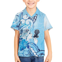 Aotearoa Maori Wahine Family Matching Tank Maxi Dress and Hawaiian Shirt Fantail Bird Blue Gold Marble