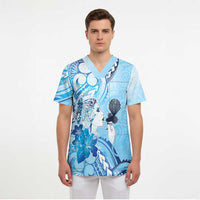 Aotearoa Maori Wahine Scrub Top Fantail Bird Blue Gold Marble - Polynesian Pride