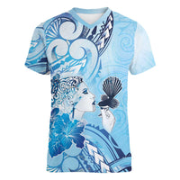 Aotearoa Maori Wahine Women V-Neck T-Shirt Fantail Bird Blue Gold Marble LT05 Female Blue - Polynesian Pride