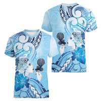 Aotearoa Maori Wahine Women V-Neck T-Shirt Fantail Bird Blue Gold Marble LT05 - Polynesian Pride