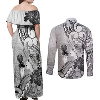 Aotearoa Maori Wahine Couples Matching Off Shoulder Maxi Dress and Long Sleeve Button Shirt Fantail Bird Black Gold Marble LT05 - Polynesian Pride