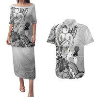 Aotearoa Maori Wahine Couples Matching Puletasi and Hawaiian Shirt Fantail Bird Black Gold Marble LT05 Black - Polynesian Pride