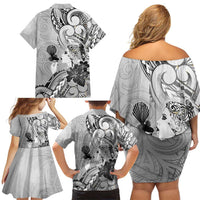Aotearoa Maori Wahine Family Matching Off Shoulder Short Dress and Hawaiian Shirt Fantail Bird Black Gold Marble