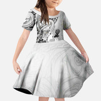 Aotearoa Maori Wahine Family Matching Puletasi and Hawaiian Shirt Fantail Bird Black Gold Marble LT05 Daughter's Dress Black - Polynesian Pride