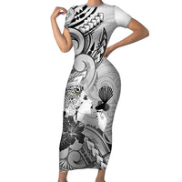 Aotearoa Maori Wahine Family Matching Short Sleeve Bodycon Dress and Hawaiian Shirt Fantail Bird Black Gold Marble LT05 Mom's Dress Black - Polynesian Pride