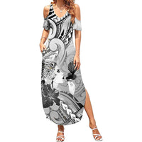 Aotearoa Maori Wahine Family Matching Summer Maxi Dress and Hawaiian Shirt Fantail Bird Black Gold Marble