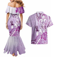Aotearoa Maori Wahine Couples Matching Mermaid Dress and Hawaiian Shirt Fantail Bird Purple Gold Marble LT05 - Polynesian Pride