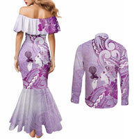 Aotearoa Maori Wahine Couples Matching Mermaid Dress and Long Sleeve Button Shirt Fantail Bird Purple Gold Marble LT05 - Polynesian Pride