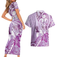 Aotearoa Maori Wahine Couples Matching Short Sleeve Bodycon Dress and Hawaiian Shirt Fantail Bird Purple Gold Marble LT05 - Polynesian Pride