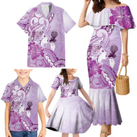 Aotearoa Maori Wahine Family Matching Mermaid Dress and Hawaiian Shirt Fantail Bird Purple Gold Marble LT05 - Polynesian Pride