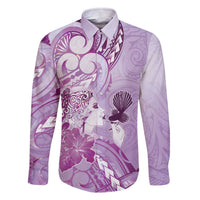 Aotearoa Maori Wahine Family Matching Off The Shoulder Long Sleeve Dress and Hawaiian Shirt Fantail Bird Purple Gold Marble LT05 Dad's Shirt - Long Sleeve Purple - Polynesian Pride