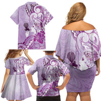 Aotearoa Maori Wahine Family Matching Off Shoulder Short Dress and Hawaiian Shirt Fantail Bird Purple Gold Marble
