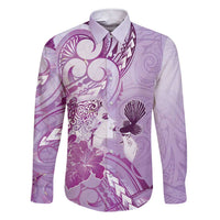 Aotearoa Maori Wahine Family Matching Short Sleeve Bodycon Dress and Hawaiian Shirt Fantail Bird Purple Gold Marble LT05 Dad's Shirt - Long Sleeve Purple - Polynesian Pride