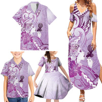 Aotearoa Maori Wahine Family Matching Summer Maxi Dress and Hawaiian Shirt Fantail Bird Purple Gold Marble