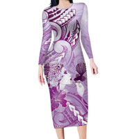 Aotearoa Maori Wahine Long Sleeve Bodycon Dress Fantail Bird Purple Gold Marble LT05 Long Dress Purple - Polynesian Pride