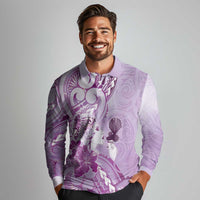 Aotearoa Maori Wahine Long Sleeve Polo Shirt Fantail Bird Purple Gold Marble