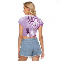 Aotearoa Maori Wahine Raglan Cropped T Shirt Fantail Bird Purple Gold Marble