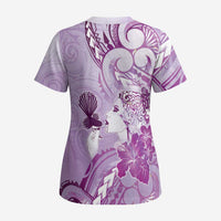 Aotearoa Maori Wahine Scrub Top Fantail Bird Purple Gold Marble - Polynesian Pride