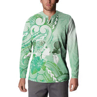 Aotearoa Maori Wahine Button Sweatshirt Fantail Bird Green Gold Marble