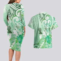 Aotearoa Maori Wahine Couples Matching Long Sleeve Bodycon Dress and Hawaiian Shirt Fantail Bird Green Gold Marble LT05 - Polynesian Pride