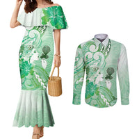 Aotearoa Maori Wahine Couples Matching Mermaid Dress and Long Sleeve Button Shirt Fantail Bird Green Gold Marble LT05 Green - Polynesian Pride