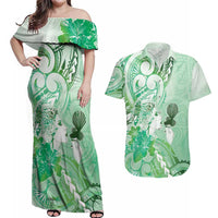 Aotearoa Maori Wahine Couples Matching Off Shoulder Maxi Dress and Hawaiian Shirt Fantail Bird Green Gold Marble LT05 Green - Polynesian Pride