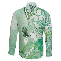 Aotearoa Maori Wahine Family Matching Long Sleeve Bodycon Dress and Hawaiian Shirt Fantail Bird Green Gold Marble LT05 - Polynesian Pride