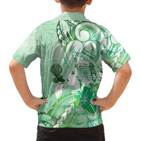 Aotearoa Maori Wahine Family Matching Off The Shoulder Long Sleeve Dress and Hawaiian Shirt Fantail Bird Green Gold Marble LT05 - Polynesian Pride