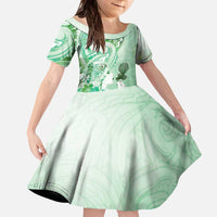 Aotearoa Maori Wahine Family Matching Off The Shoulder Long Sleeve Dress and Hawaiian Shirt Fantail Bird Green Gold Marble LT05 Daughter's Dress Green - Polynesian Pride