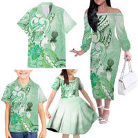 Aotearoa Maori Wahine Family Matching Off The Shoulder Long Sleeve Dress and Hawaiian Shirt Fantail Bird Green Gold Marble LT05 - Polynesian Pride