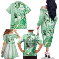 Aotearoa Maori Wahine Family Matching Off The Shoulder Long Sleeve Dress and Hawaiian Shirt Fantail Bird Green Gold Marble LT05 - Polynesian Pride