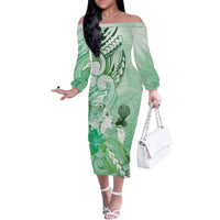 Aotearoa Maori Wahine Family Matching Off The Shoulder Long Sleeve Dress and Hawaiian Shirt Fantail Bird Green Gold Marble LT05 Mom's Dress Green - Polynesian Pride