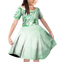 Aotearoa Maori Wahine Family Matching Off Shoulder Short Dress and Hawaiian Shirt Fantail Bird Green Gold Marble