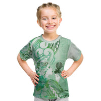 Aotearoa Maori Wahine Kid T Shirt Fantail Bird Green Gold Marble