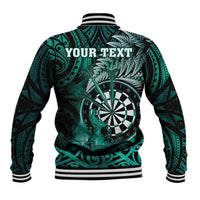 Personalised New Zealand Darts Baseball Jacket Maori Koru Dartboard Turquoise Flame