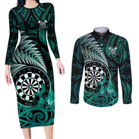 Personalised New Zealand Darts Couples Matching Long Sleeve Bodycon Dress and Long Sleeve Button Shirt Maori Koru Dartboard Turquoise Flame