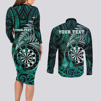 Personalised New Zealand Darts Couples Matching Long Sleeve Bodycon Dress and Long Sleeve Button Shirt Maori Koru Dartboard Turquoise Flame