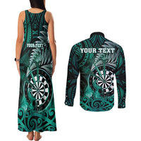 Personalised New Zealand Darts Couples Matching Tank Maxi Dress and Long Sleeve Button Shirt Maori Koru Dartboard Turquoise Flame