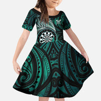 Personalised New Zealand Darts Family Matching Long Sleeve Bodycon Dress and Hawaiian Shirt Maori Koru Dartboard Turquoise Flame