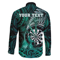 Personalised New Zealand Darts Family Matching Long Sleeve Bodycon Dress and Hawaiian Shirt Maori Koru Dartboard Turquoise Flame