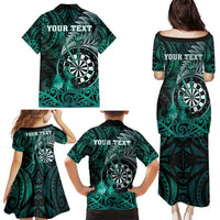 Personalised New Zealand Darts Family Matching Puletasi and Hawaiian Shirt Maori Koru Dartboard Turquoise Flame