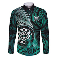 Personalised New Zealand Darts Family Matching Short Sleeve Bodycon Dress and Hawaiian Shirt Maori Koru Dartboard Turquoise Flame
