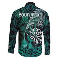 Personalised New Zealand Darts Family Matching Short Sleeve Bodycon Dress and Hawaiian Shirt Maori Koru Dartboard Turquoise Flame