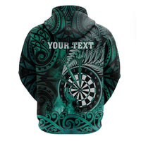 Personalised New Zealand Darts Hoodie Maori Koru Dartboard Turquoise Flame