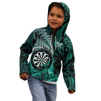 Personalised New Zealand Darts Kid Hoodie Maori Koru Dartboard Turquoise Flame