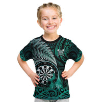 Personalised New Zealand Darts Kid T Shirt Maori Koru Dartboard Turquoise Flame